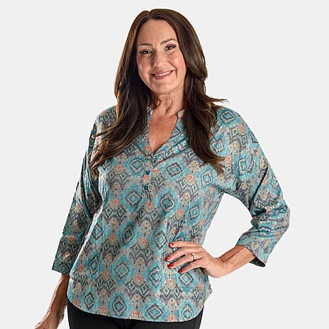 Adonai - Womens Viscose Ikat Printed Woven Blouse (Size S) - Blue
