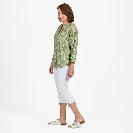 Adonai - Womens Viscose Ikat Print Woven Blouse (Size S) - Green