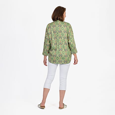 Adonai - Womens Viscose Ikat Print Woven Blouse (Size S) - Green
