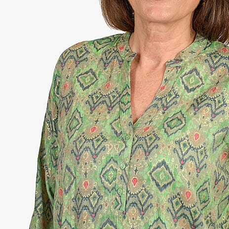 Adonai - Womens Viscose Ikat Print Woven Blouse (Size S) - Green
