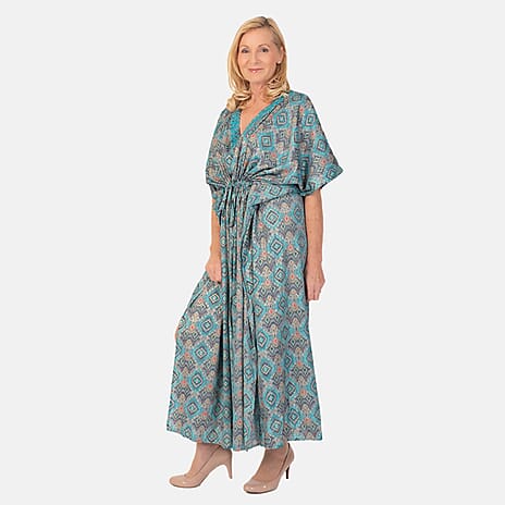 Bohemian Ikat Print Kaftan Dress - Blue