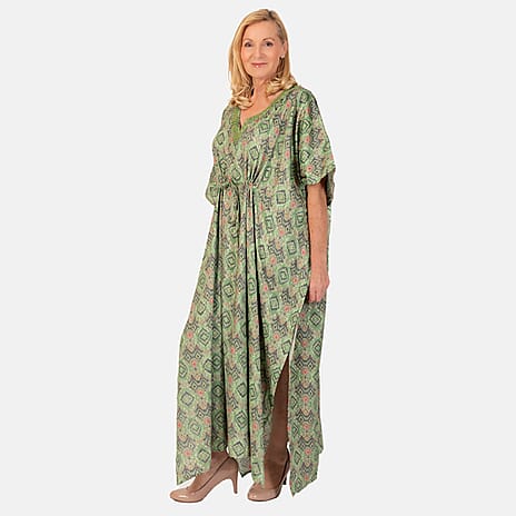 Bohemian Ikat Print Kaftan Dress - Green