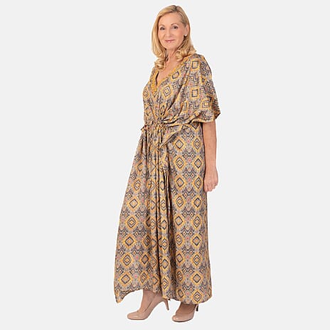 Bohemian Ikat Print Kaftan Dress - Yellow