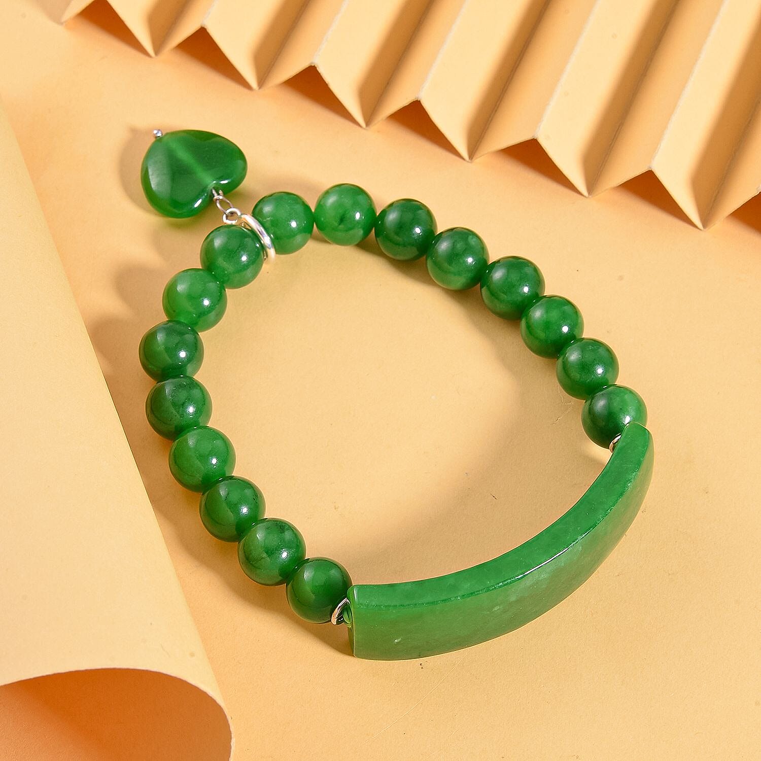 Hand Carved Green Jadeite Jade Bracelet in Rhodium Overlay Sterling Silver 190.00 Ct.