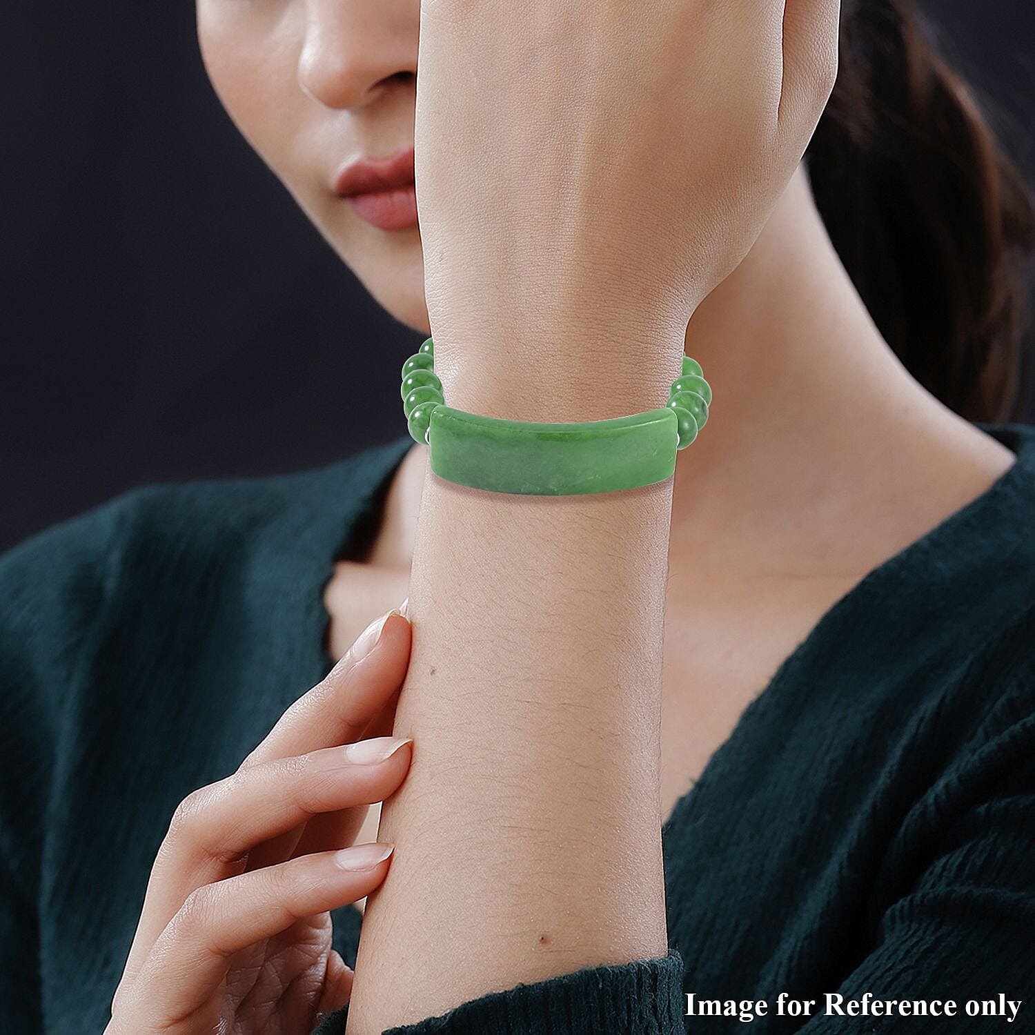 Hand Carved Green Jadeite Jade Bracelet in Rhodium Overlay Sterling Silver 190.00 Ct.