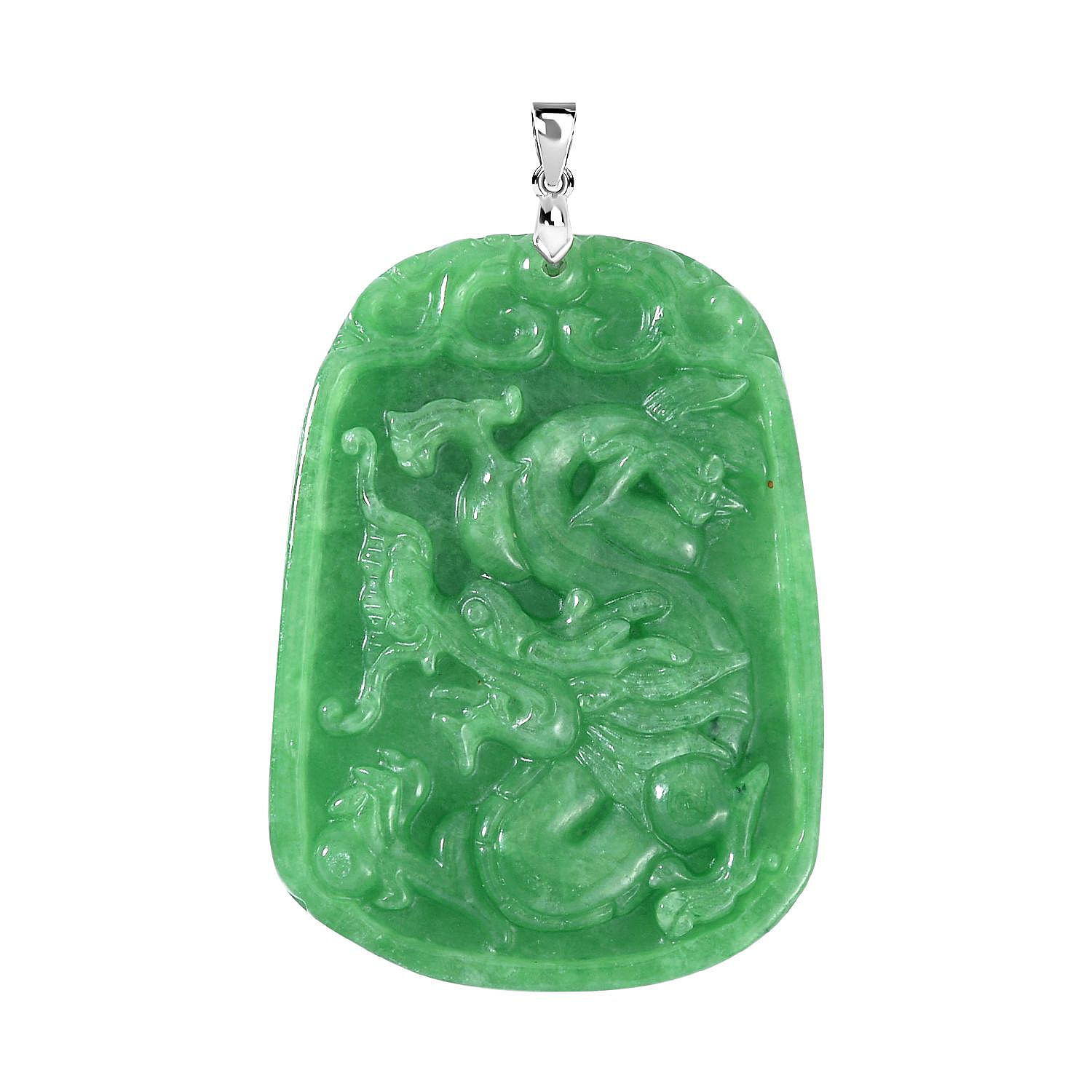 Green Jade Dragon Pendant in Rhodium Overlay Sterling Silver 152.15 Ct