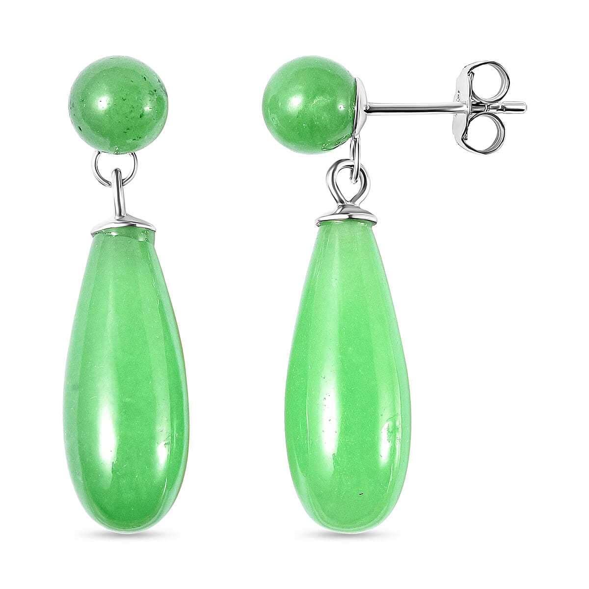 Green Jade Drop Earrings in Rhodium Overlay Sterling Silver 26.00 Ct