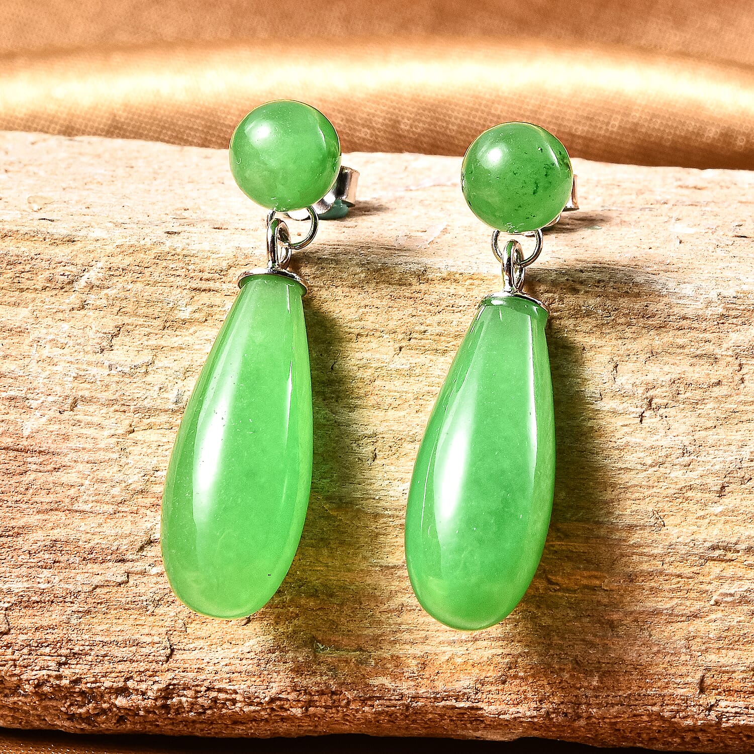 Green Jade Drop Earrings in Rhodium Overlay Sterling Silver 26.00 Ct