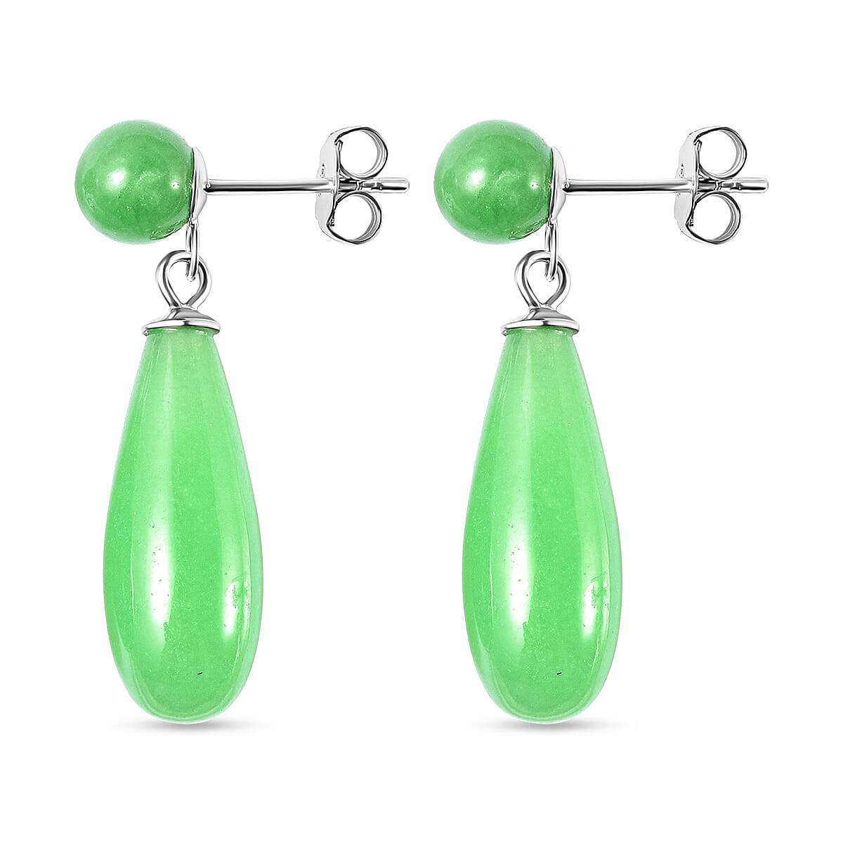 Green Jade Drop Earrings in Rhodium Overlay Sterling Silver 26.00 Ct