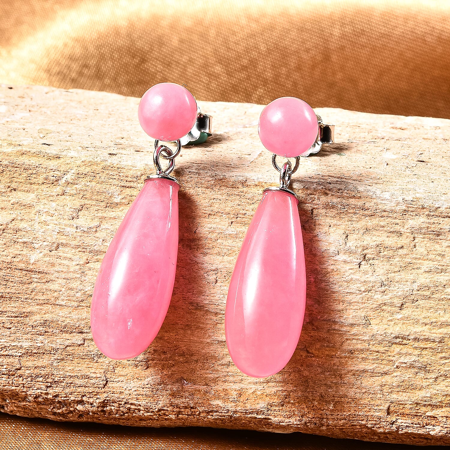 Pink Jade  Earring in Rhodium Overlay Sterling Silver 26.00 ct  26.000  Ct.