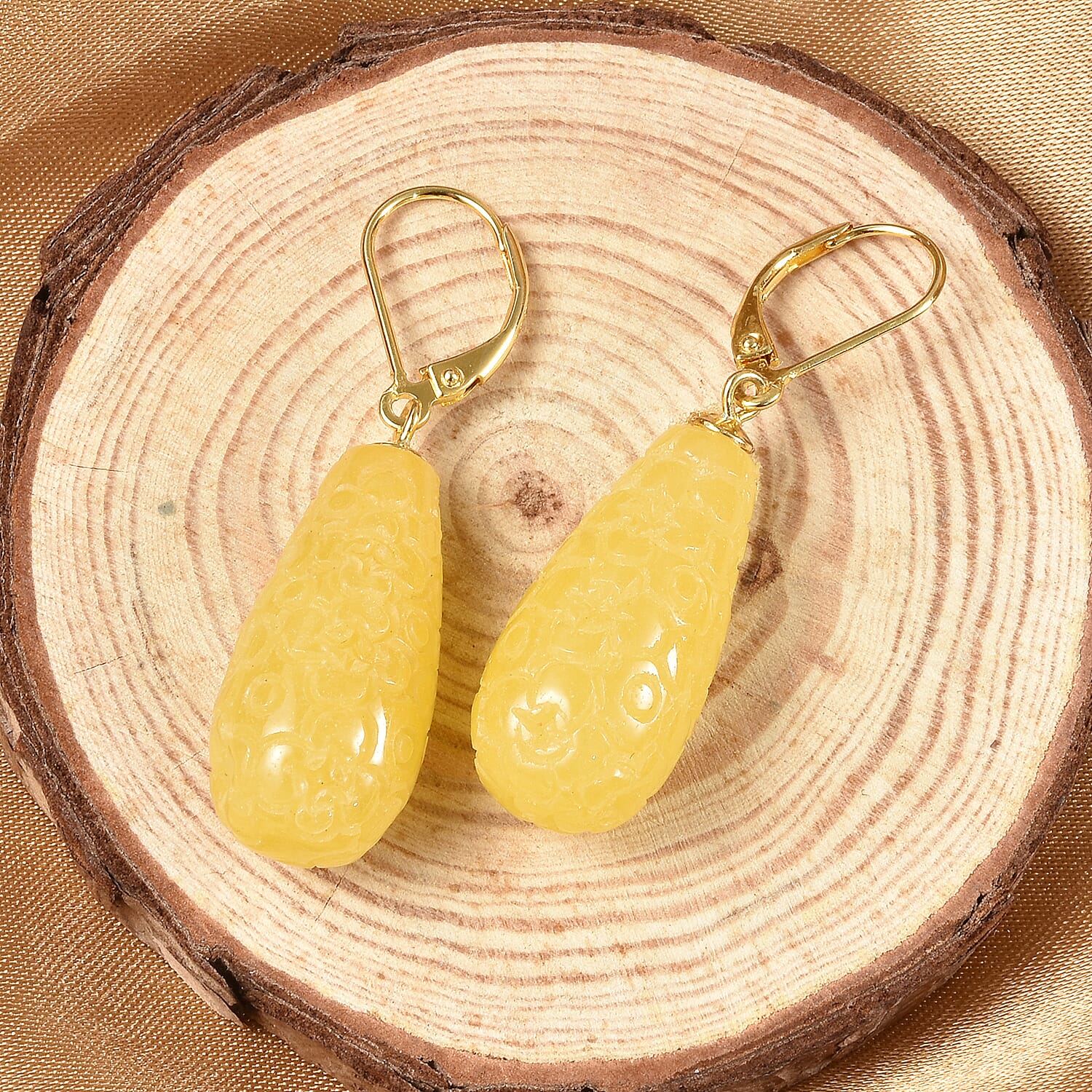 Hand Carved Honey Jade Drop Earrings in Sterling Silver 200.00 Ct.