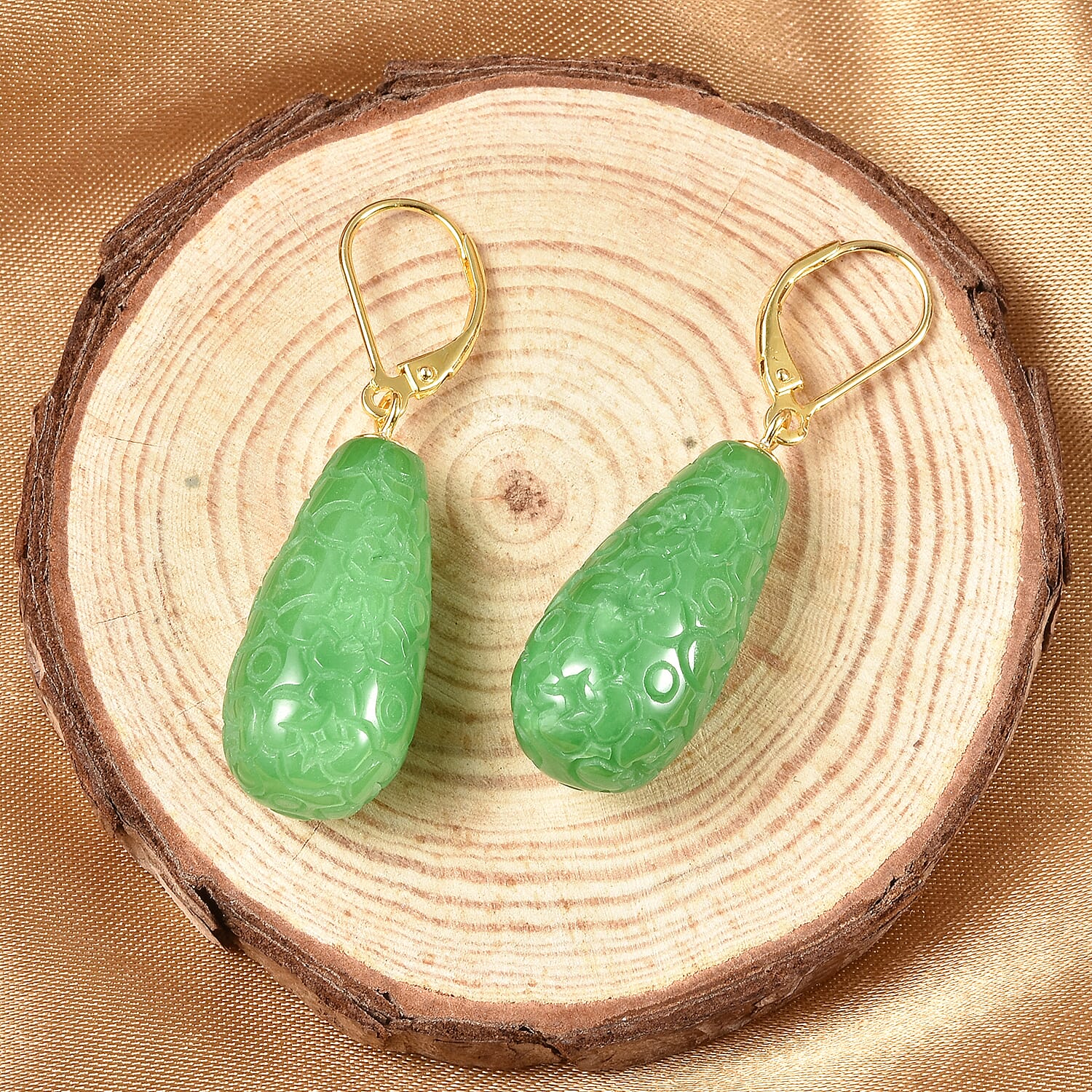 Hand Carved Green Jade Earring Sterling Silver 200.00 Ct.
