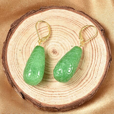 Hand Carved Green Jade Drop Earring with Lever Back in 18K Vermeil Yellow Gold Plated Sterling Silver 200.00 Ct.