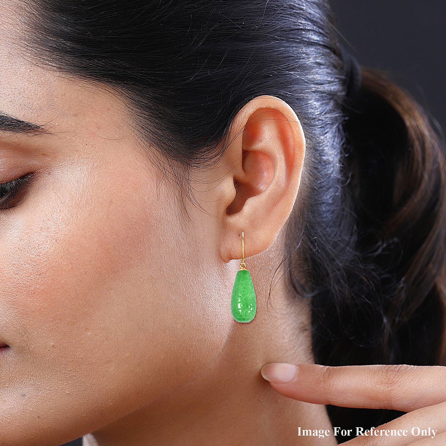 Hand Carved Green Jade Earring Sterling Silver 200.00 Ct.