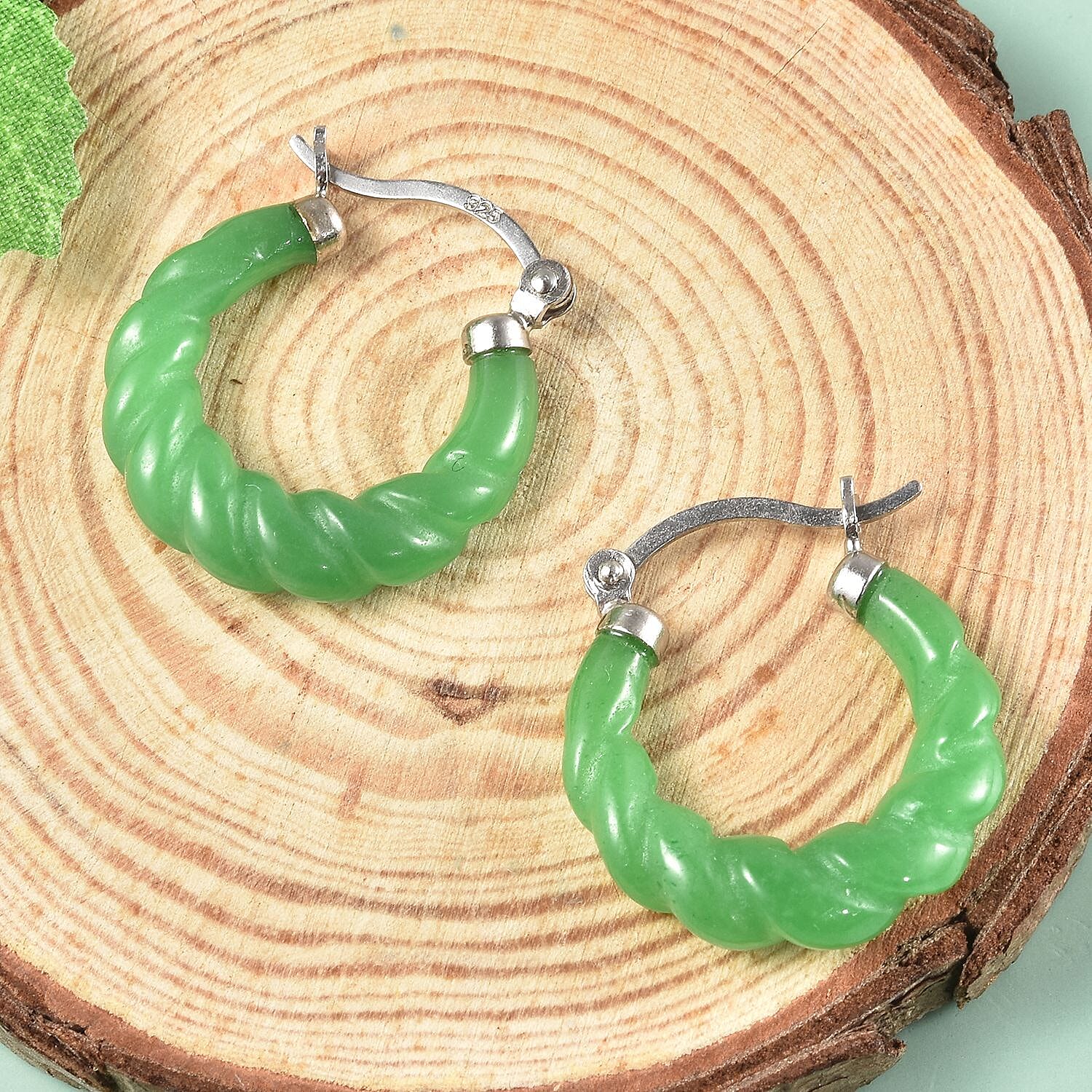 Green Jade Earring in Rhodium Overlay Sterling Silver 17.00 ct 17.000 Ct.