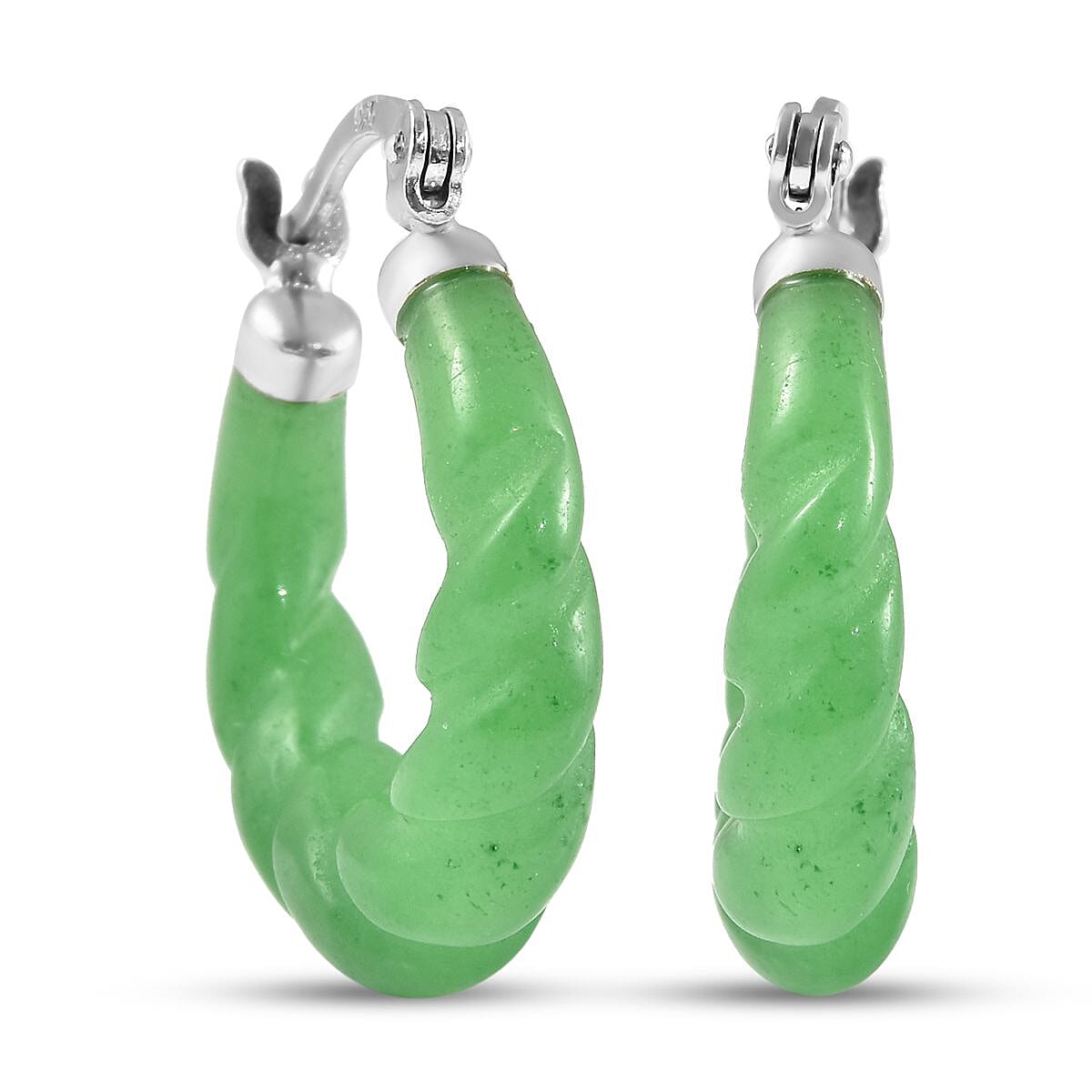 Green Jade Earring in Rhodium Overlay Sterling Silver 17.00 ct 17.000 Ct.
