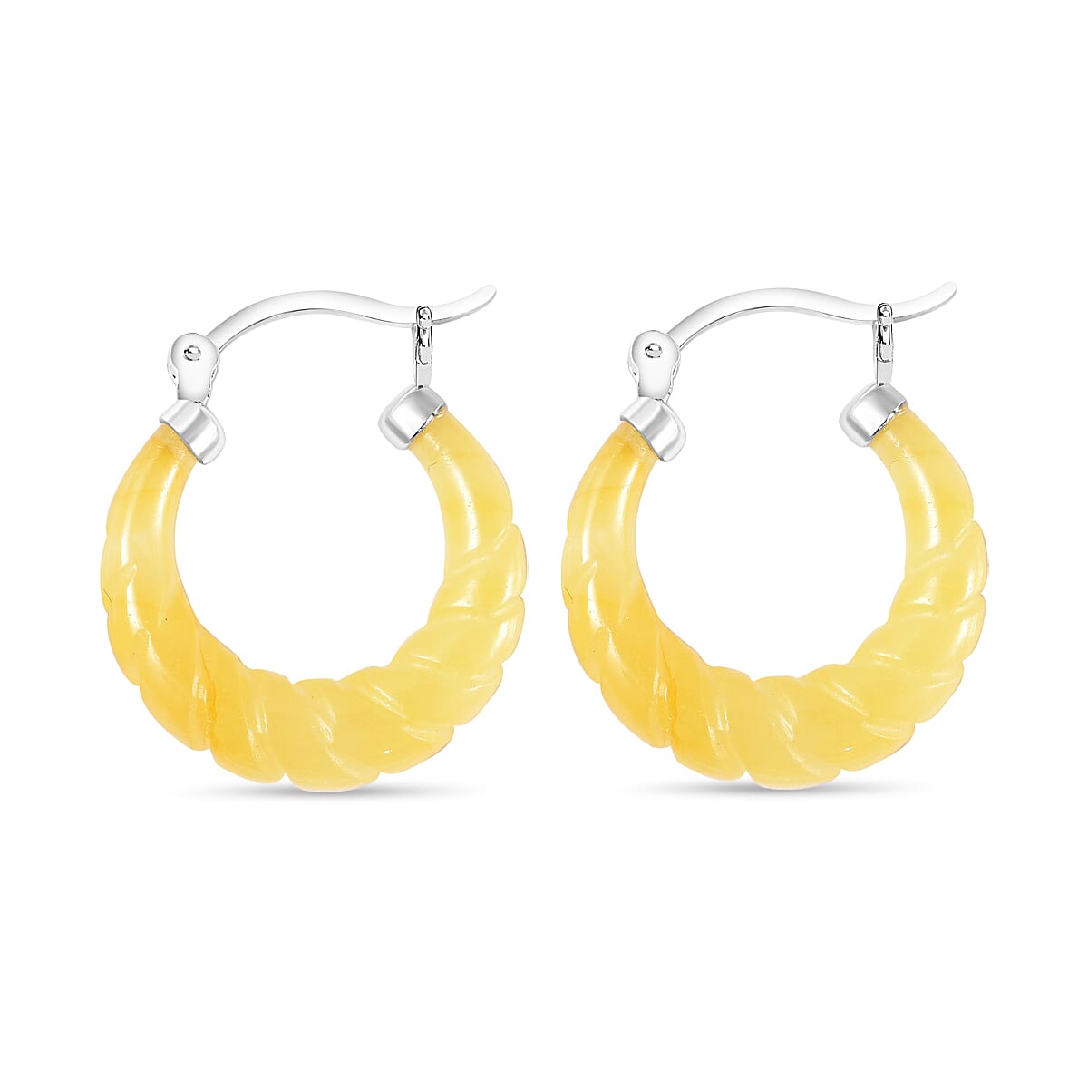 Honey Jade Hoop Earrings in Rhodium Overlay Sterling Silver 17.00 Ct