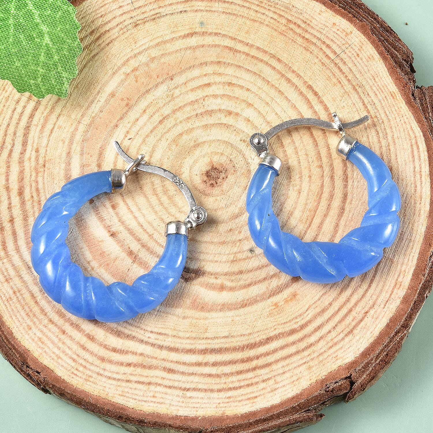 Blue Jade Hoop Earrings in Rhodium Overlay Sterling Silver 17.00 Ct