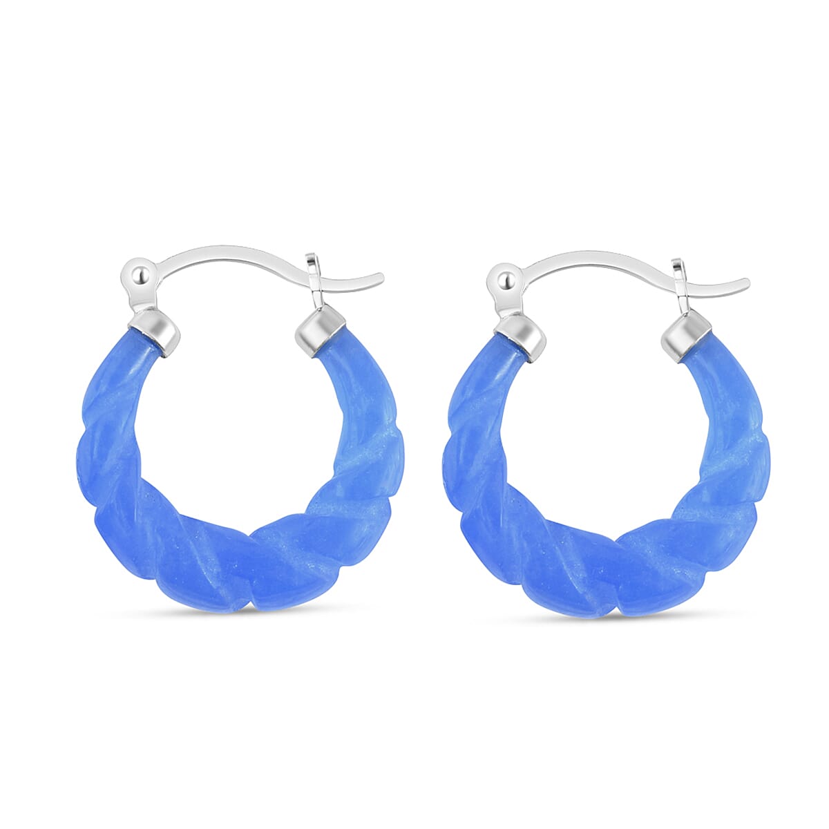 Blue Jade Hoop Earrings in Rhodium Overlay Sterling Silver 17.00 Ct