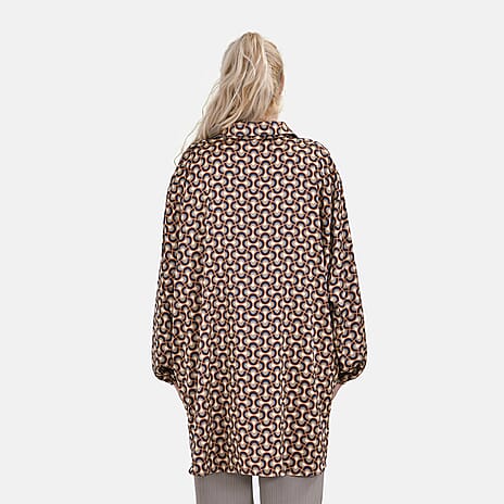 LA MAREY Geometric Printed Oversized Button-Up Shirt (Size L-XL) - Orange - Black