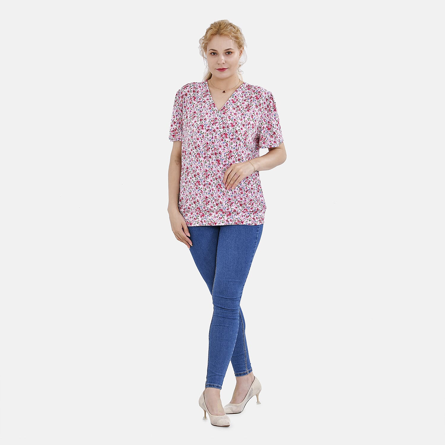 TAMSY Floral Pattern V-Neck Top (Size M-L) - Pink