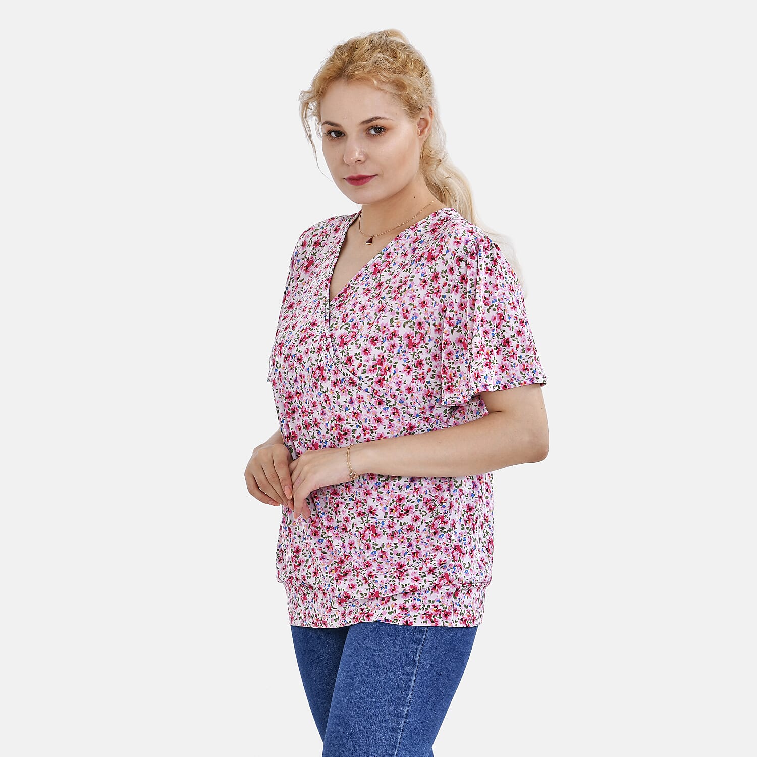 TAMSY Floral Pattern V-Neck Top (Size M-L) - Pink