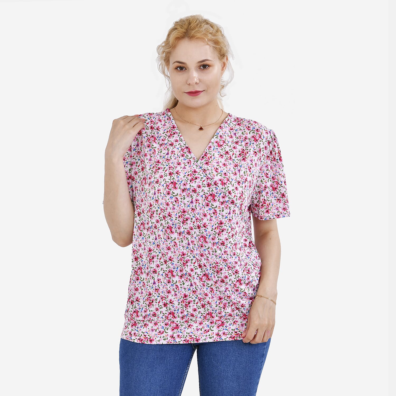 TAMSY Floral Pattern V-Neck Top (Size M-L) - Pink