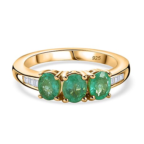 AAA Gemfields Emerald & Diamond Trilogy Ring in 18K Vermeil YG Plated Sterling Silver 1.01 Ct