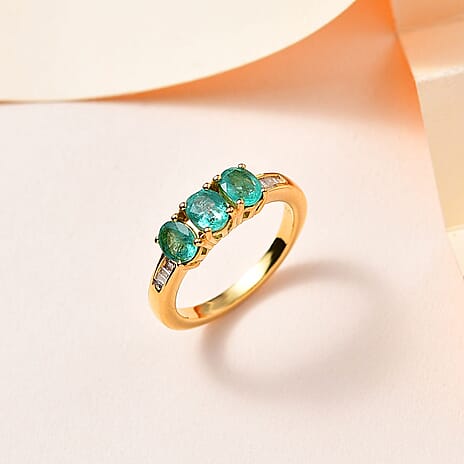 AAA Gemfields Emerald & Diamond Trilogy Ring in 18K Vermeil YG Plated Sterling Silver 1.01 Ct