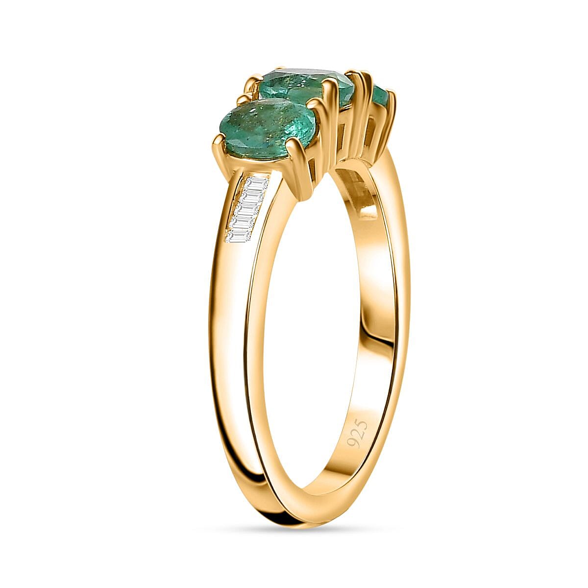 AAA Gemfields Emerald & Diamond Trilogy Ring in 18K Vermeil YG Plated Sterling Silver 1.01 Ct