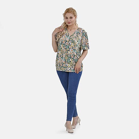 Tamsy Floral V-Neck Top (One Size) - Green