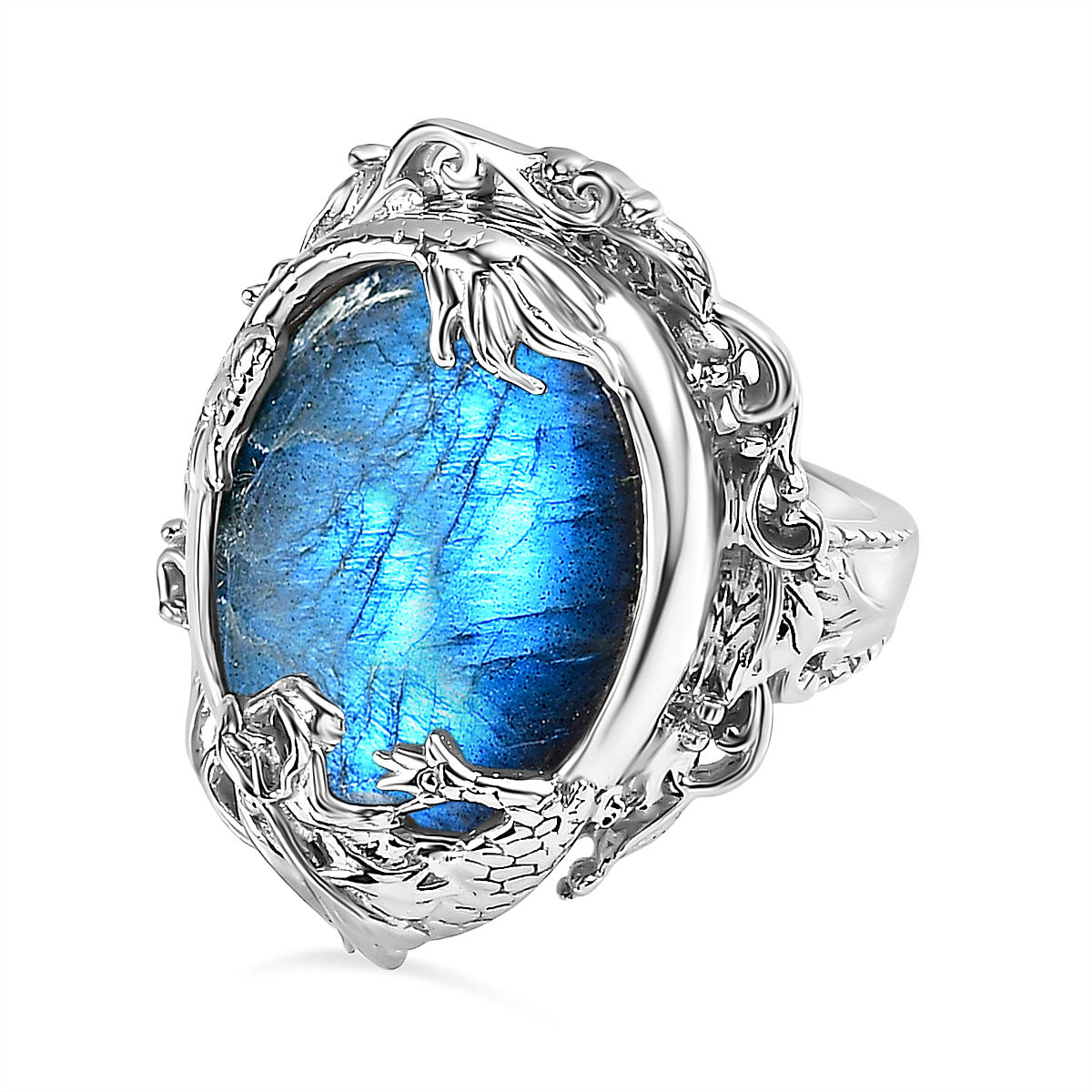Labradorite Solitaire Dragon Ring in Platinum Overlay Sterling Silver 17.40 Ct, Silver Wt 7.30 GM