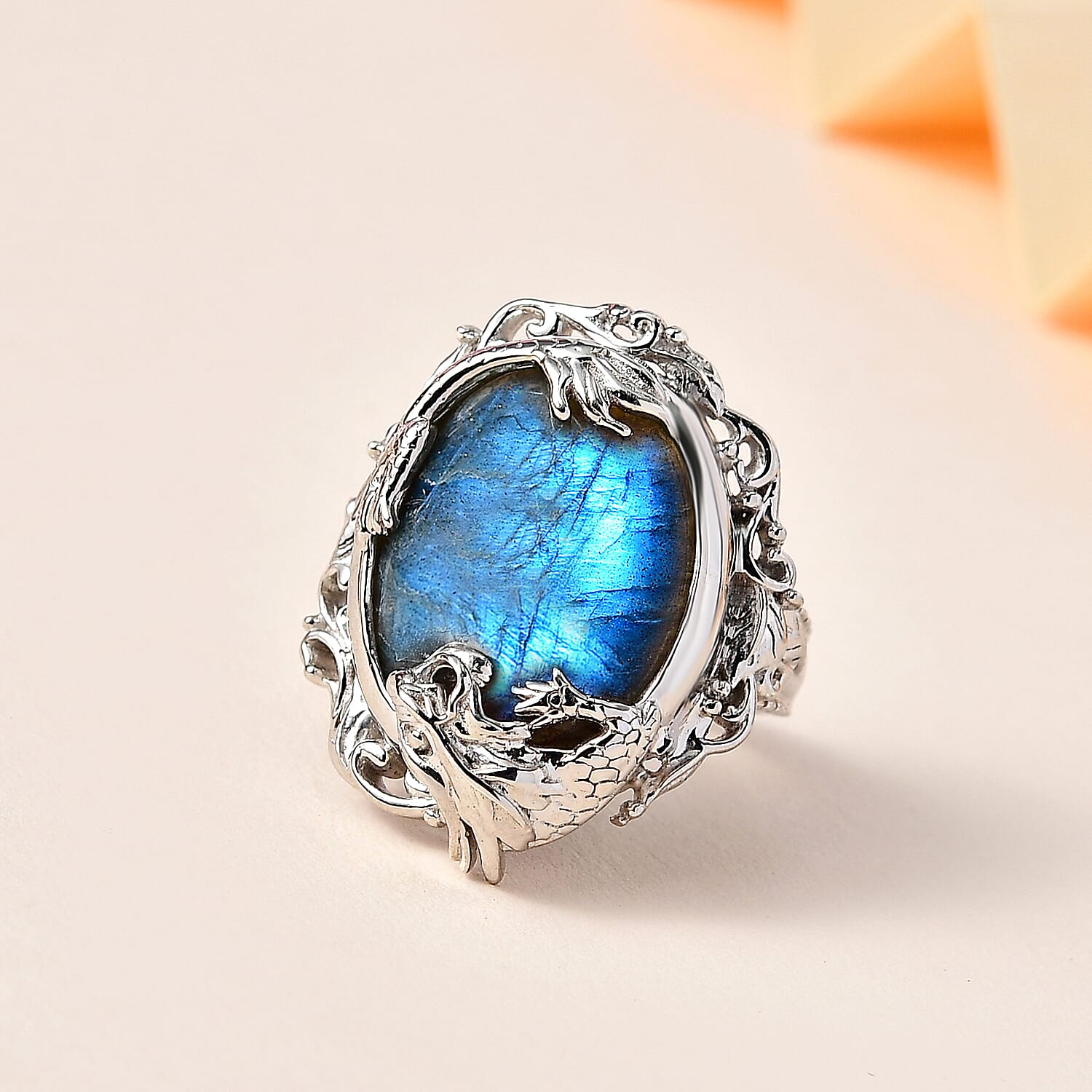 Labradorite Solitaire Ring in Platinum Overlay Sterling Silver 17.40 Ct, Silver Wt 7.30 GM