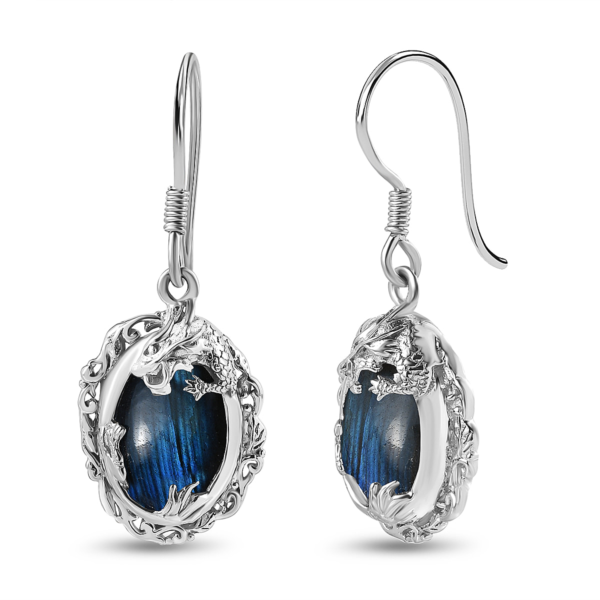 Labradorite Solitaire Dragon Earrings in Platinum Overlay Sterling Silver 14.00 Ct, Silver Wt 6.80 GM