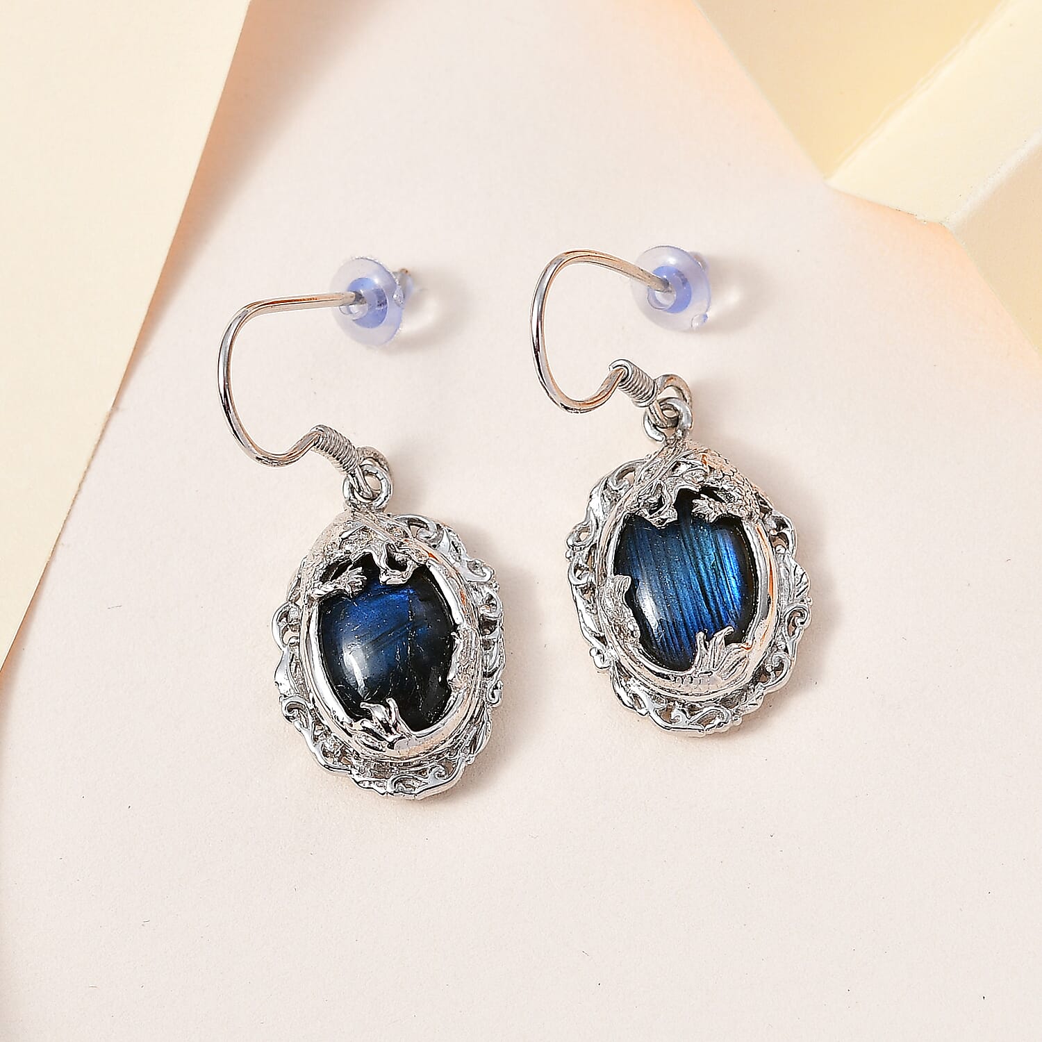 Royal Bali Blue Sheen Labradorite Solitaire Earrings in Platinum Overlay Sterling Silver 14.00 Ct, Silver Wt 6.80 GM