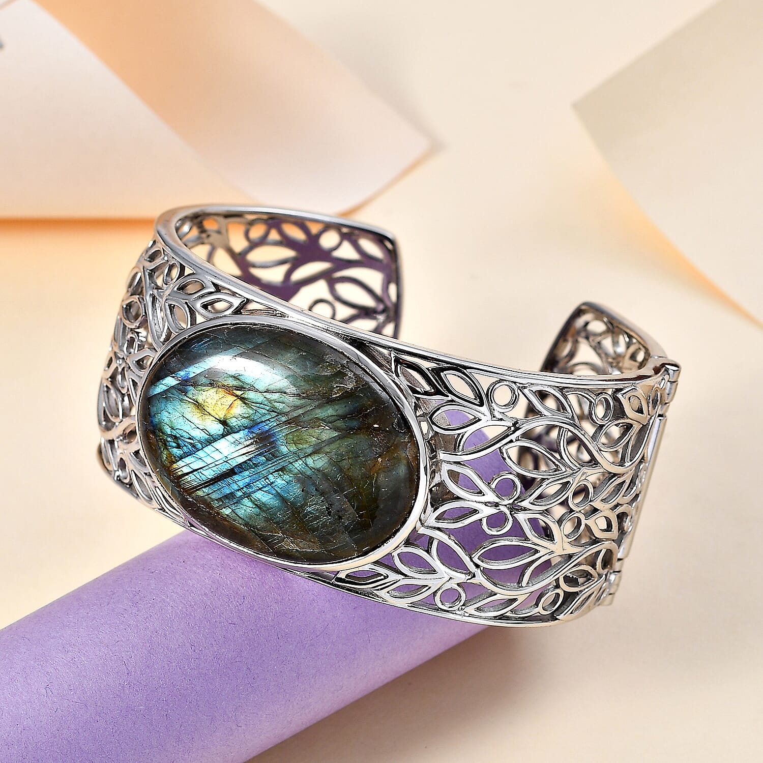 Designer Close Out- 78 Ct Large Labradorite (40 X 30mm) Cuff Bangle Size (7.5)