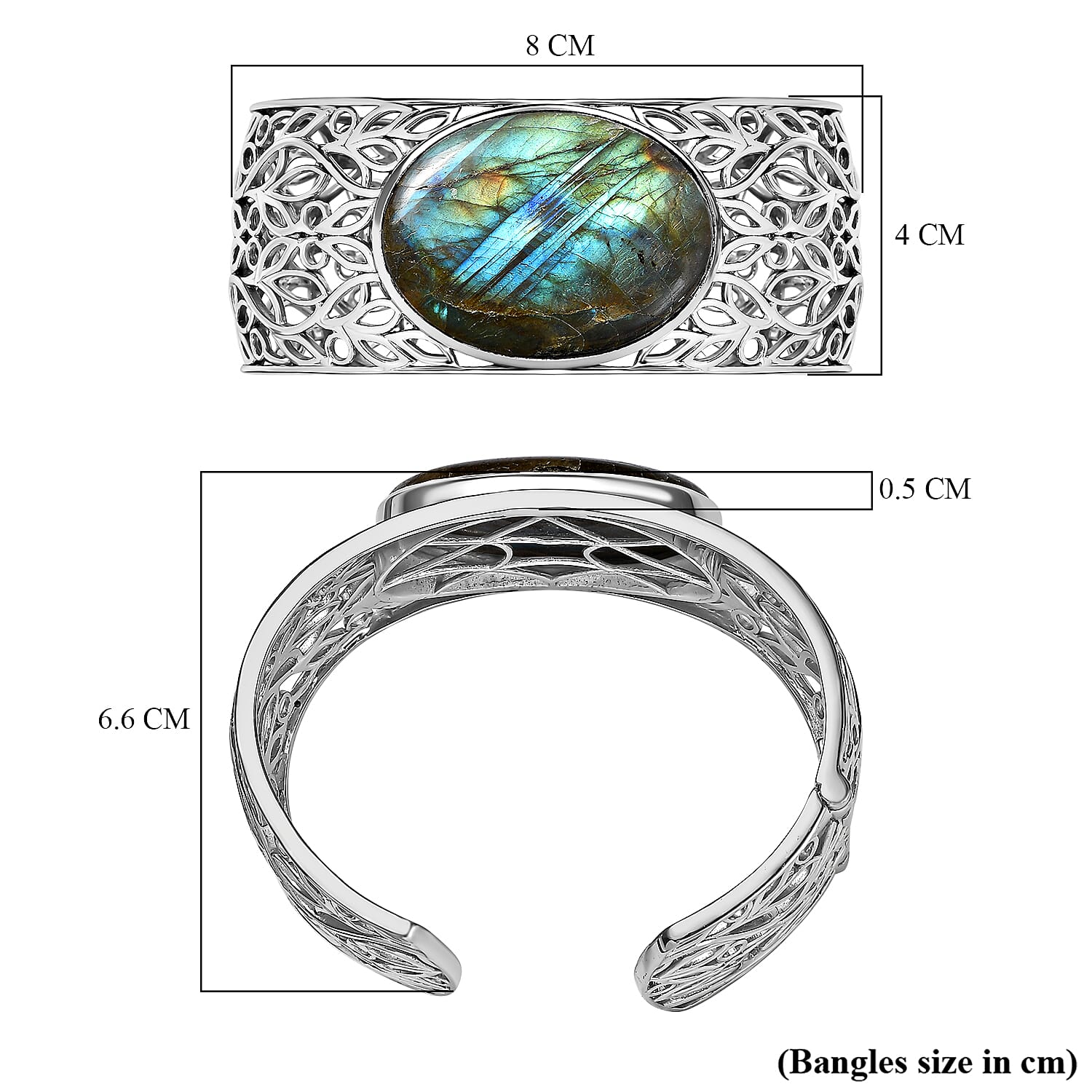 Designer Close Out- 78 Ct Large Labradorite (40 X 30mm) Cuff Bangle Size (7.5)