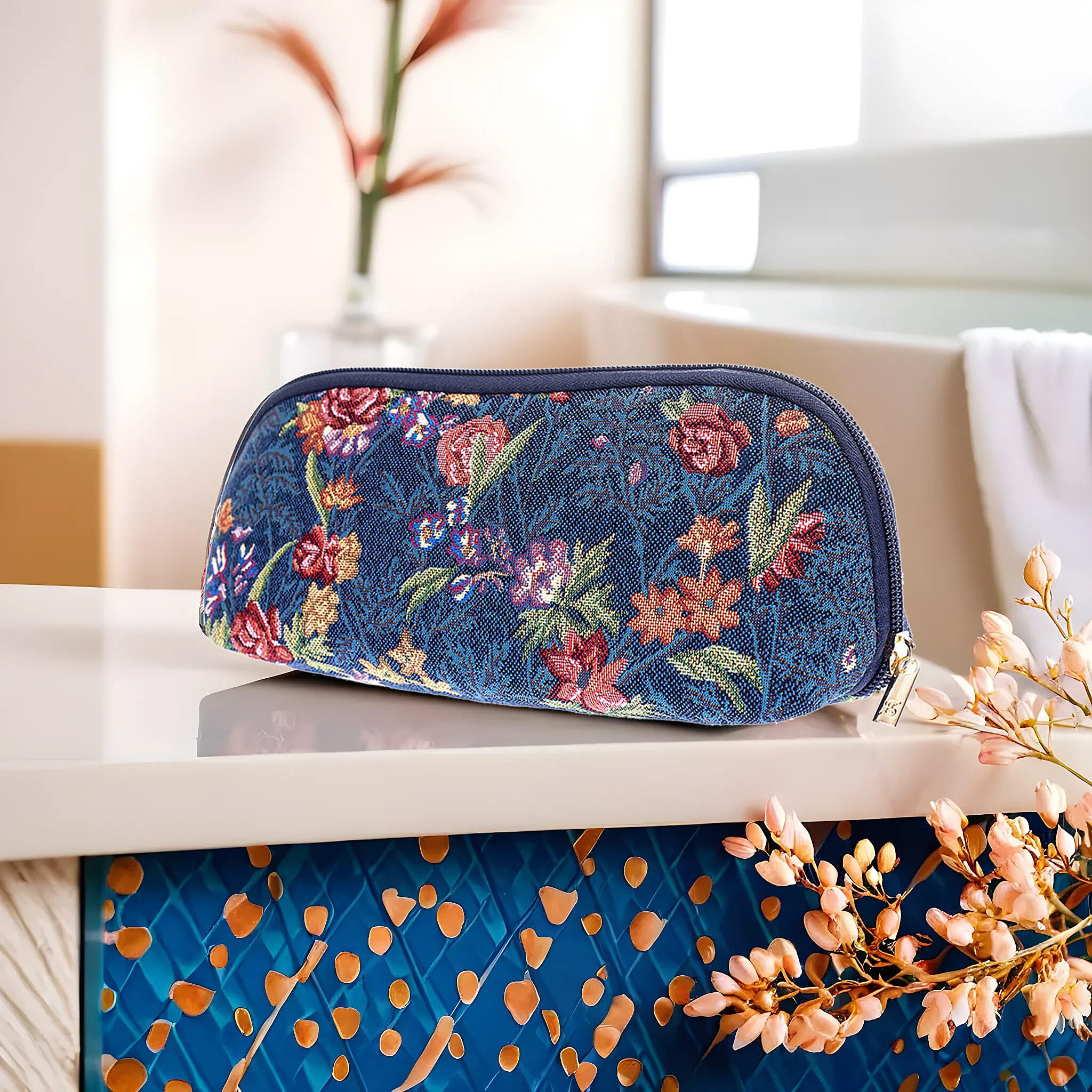 Signare Tapestry Fabric Cosmetic and Toiletry Bag (Size 10x22x12 cm) - Dark Blue