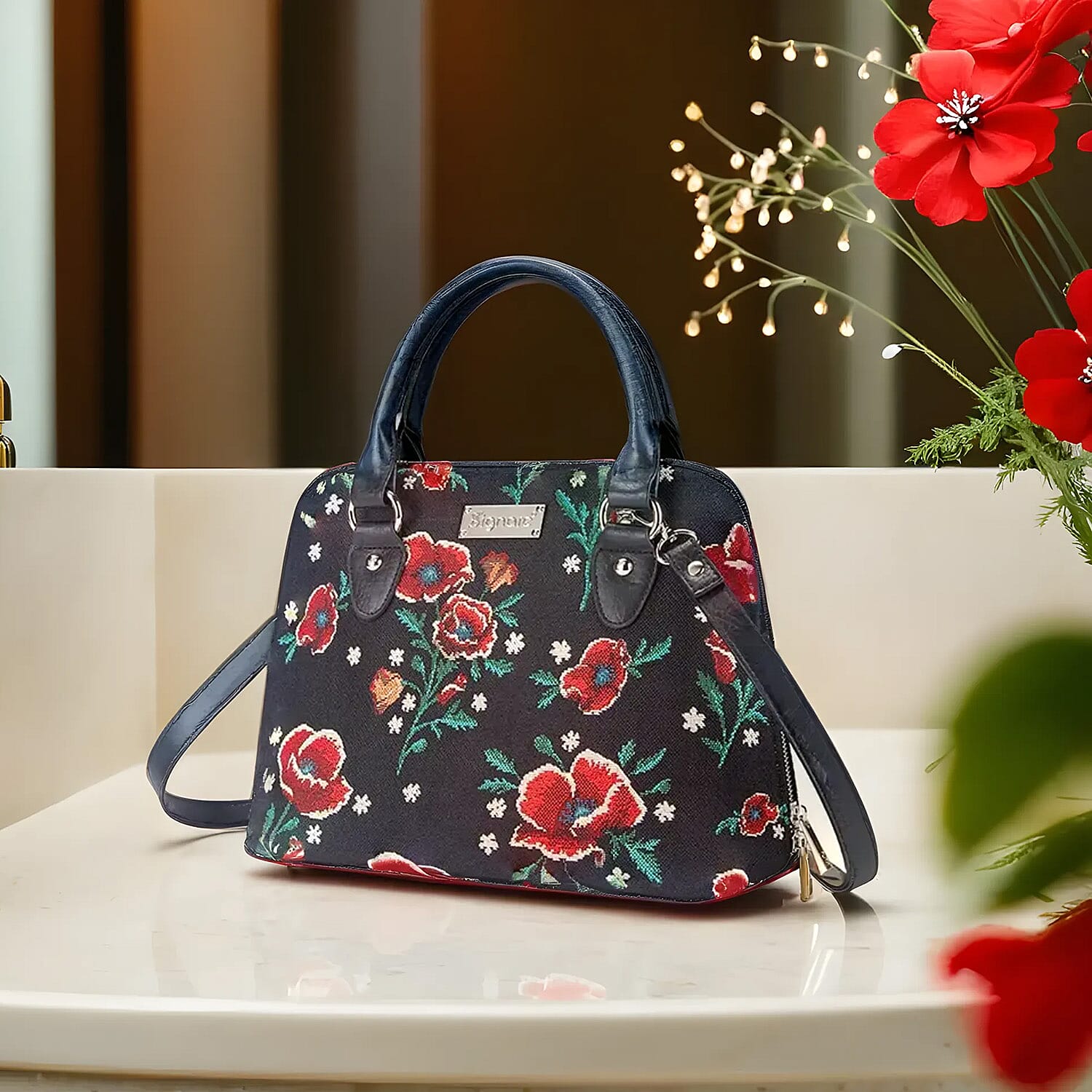 Signare Tapestry Fabric Handbag Sample (Size 10x34x23 cm) - Black Red