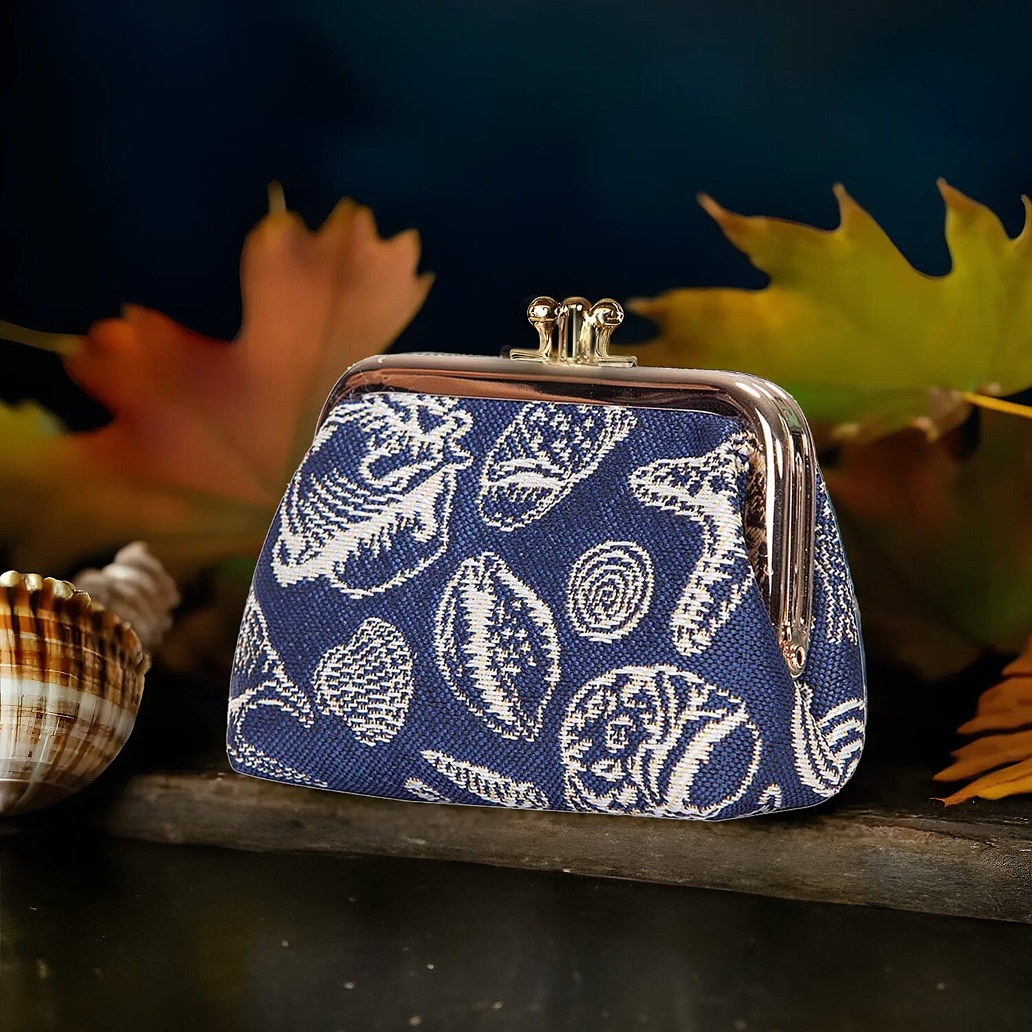 Signare Tapestry Fabric Coin Pouch (Size 4x12x8 cm) - Gold Blue