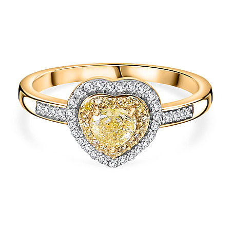 The Rare Find - Yellow Diamond Ring in 9K Yellow Gold with White Diamonds  (0.50 CT)- 0.33 Heart cut Natural Yellow Diamond