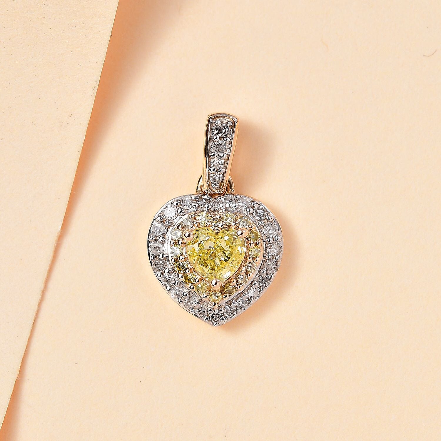 The Rare Find - Yellow Diamond Pendant in 9K Yellow Gold with White Diamonds  (0.50 CT)- 0.33 Heart cut Natural Yellow Diamond