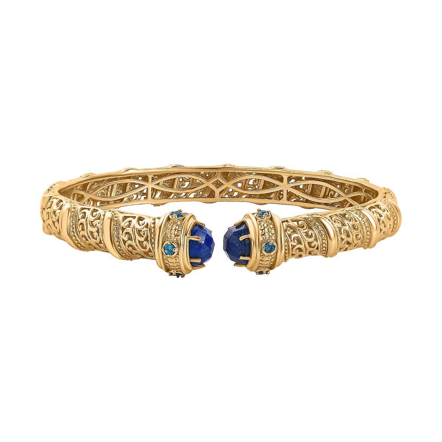 Designer Inspired- Lapis Lazuli and Neon Apatite Full Bangle (Size 7.5) in Yellow Gold Tone 5.28 Ct.