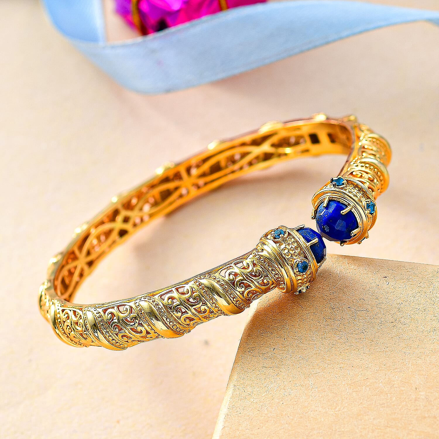 Designer Inspired- Lapis Lazuli and Neon Apatite Full Bangle (Size 7.5) in Yellow Gold Tone 5.28 Ct.