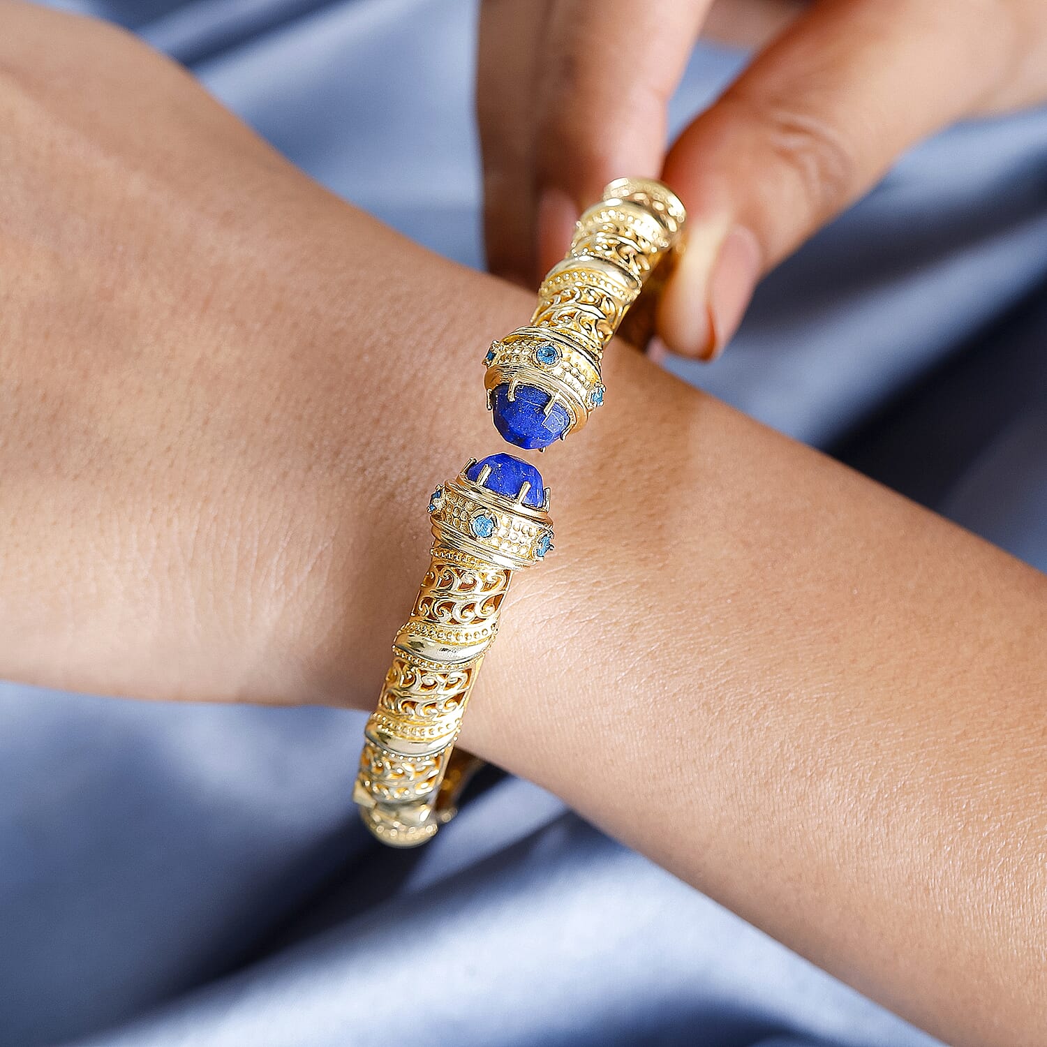 Designer Inspired- Lapis Lazuli and Neon Apatite Full Bangle (Size 7.5) in Yellow Gold Tone 5.28 Ct.