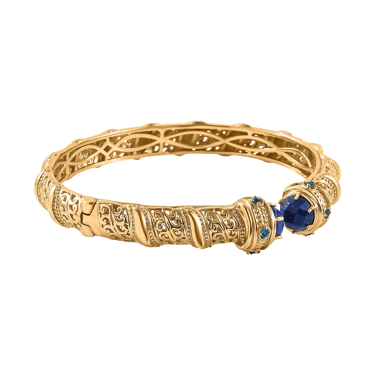 Designer Inspired- Lapis Lazuli and Neon Apatite Full Bangle (Size 7.5) in Yellow Gold Tone 5.28 Ct.