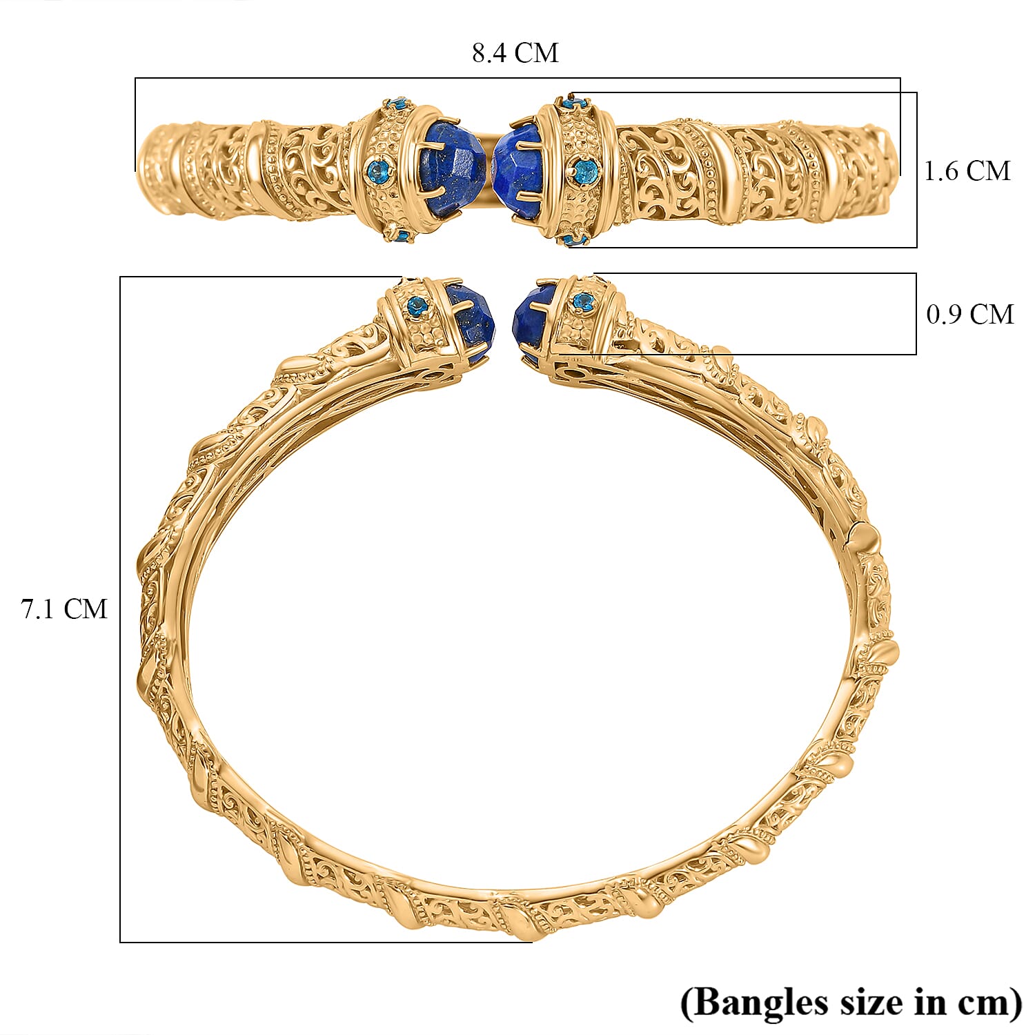 Designer Inspired- Lapis Lazuli and Neon Apatite Full Bangle (Size 7.5) in Yellow Gold Tone 5.28 Ct.