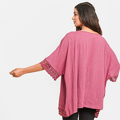 TAMSY 100% Cotton Round Neck Top with Lace - (One Size 8-18) - Pink