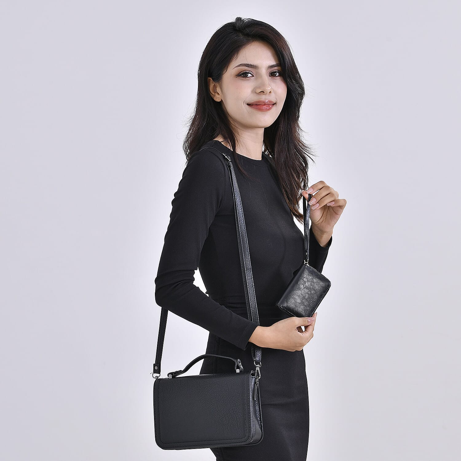Set of 2- Sling Crossbody Bag with Card Holder - Black