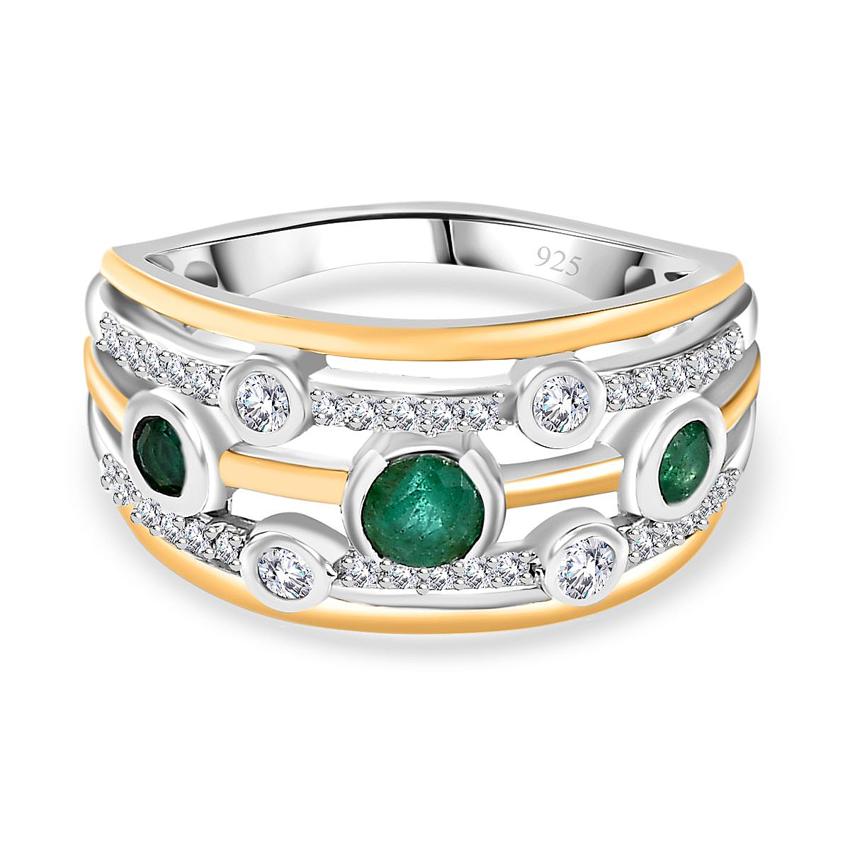 Premium Emerald & Moissanite Bubble Multi Row Ring in 18K Vermeil YG & Platinum Plated Sterling Silver, Silver Wt. 5.45 Gms